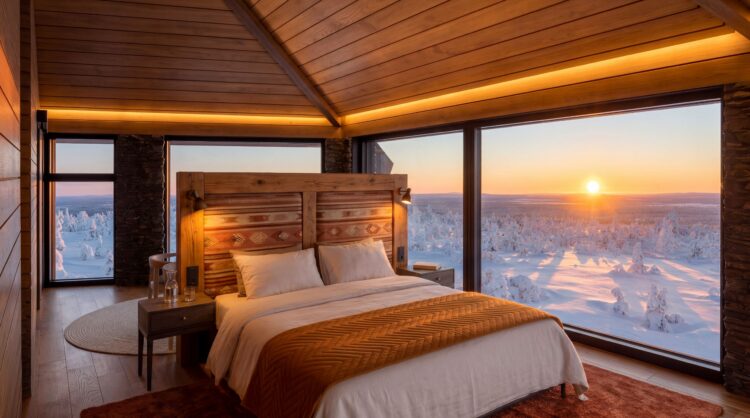 Aurora Hideaway Luxus Lodge Lappland Mieten Bett