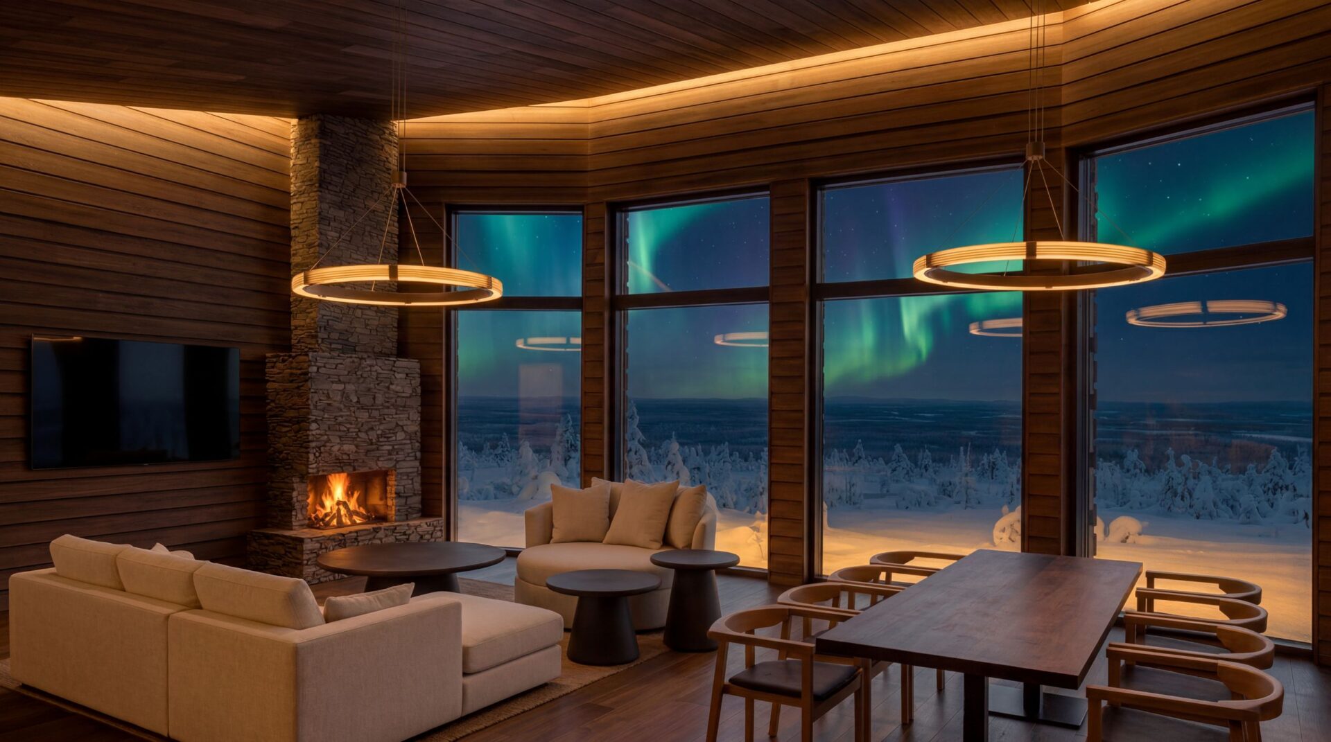 Aurora Hideaway Luxus Lodge Lappland Mieten Wohnzimmer