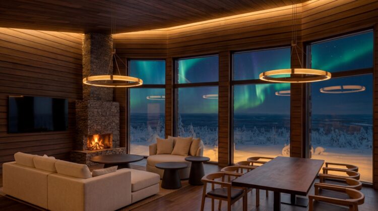 Aurora Hideaway Luxus Lodge Lappland Mieten Wohnzimmer