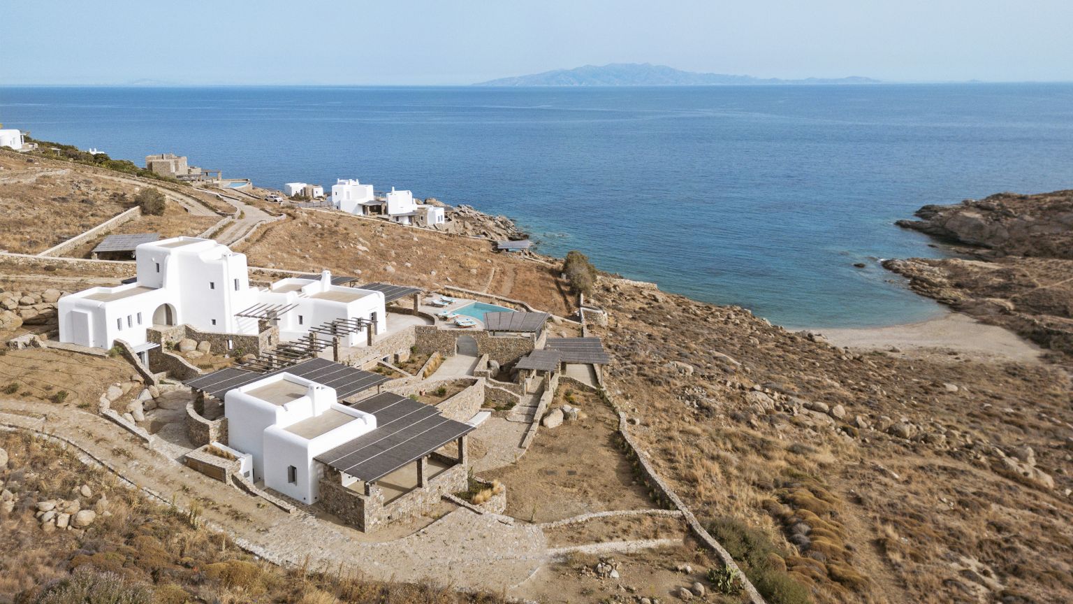 Beach Escape Mykonos Luxus Ferienvilla Am Strand Mieten Außenansicht