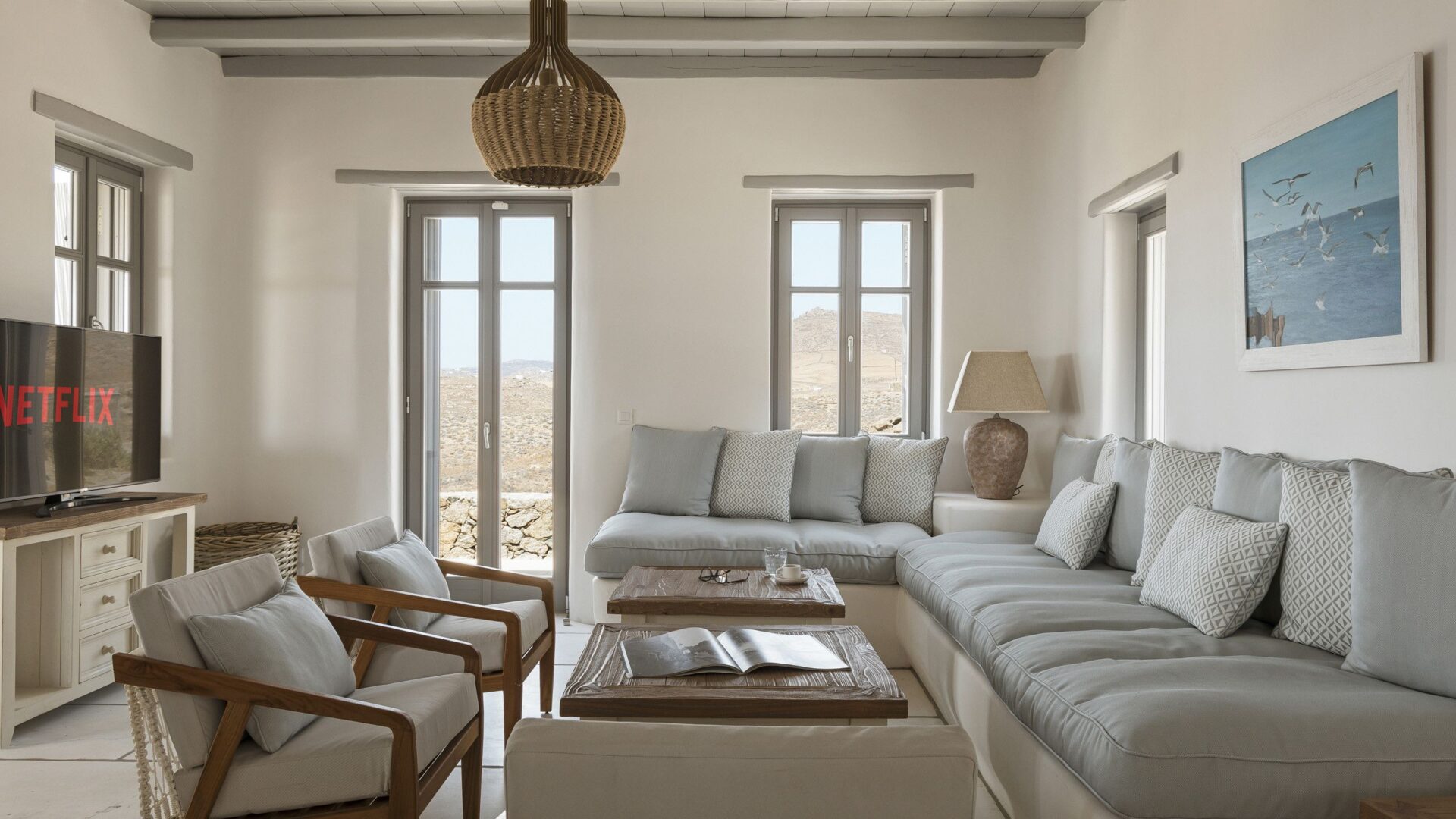 Beach Escape Mykonos Luxus Ferienvilla Am Strand Mieten Wohnzimmer