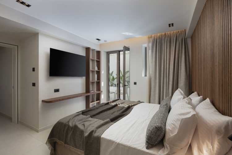 Beachside Villa Missiria Luxus Ferienhaus Kreta Mieten Bett