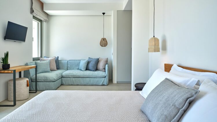 Beachvilla Drios Luxus Ferienhuas Paros Griechenland Mieten Bett