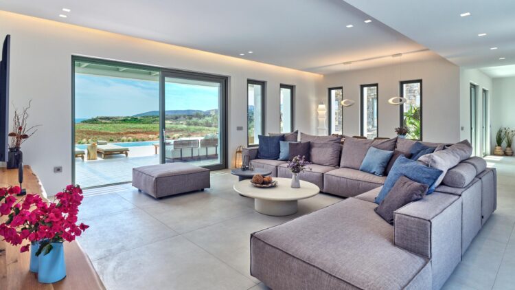 Beachvilla Drios Luxus Ferienhuas Paros Griechenland Mieten Wohnzimmer