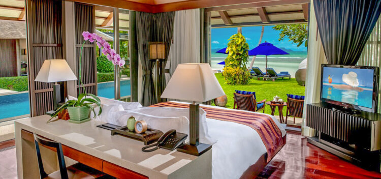 Luxus Ferienhaus Am Strand Mieten Thailand Koh Samui Villa Akatsuki Wohnzimmer Blick Auf Das Meer