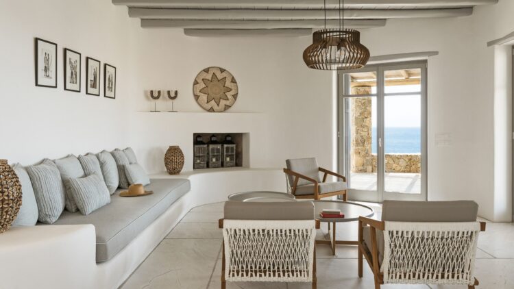 Natural Beach Villa Luxus Ferienhaus Mykonos Am Strand Wohnzimmer