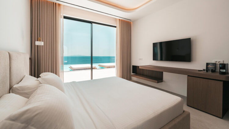 Poseidon Grand Sea Villa Luxus Ferienhaus Mykonos Am Meer Schlafzimmer