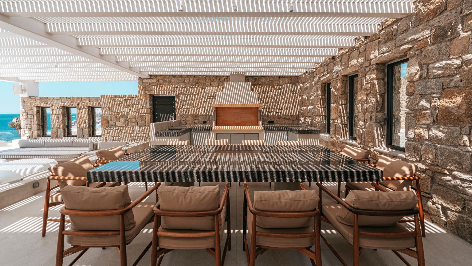 Poseidon Grand Sea Villa Luxus Ferienvilla Mykonos Am Meer Alfresco Essbereich