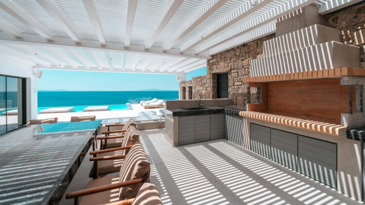 Poseidon Grand Sea Villa Luxus Ferienvilla Mykonos Am Meer Außenküche