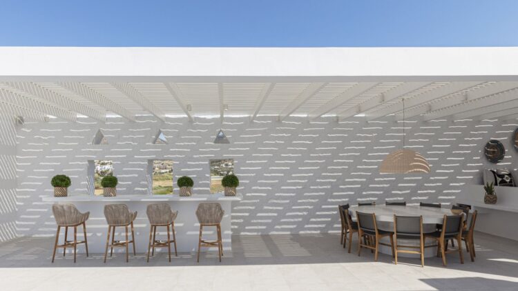 Villa Parasporos Beach Luxus Ferienhaus Paros Griechenland Mieten Pergola